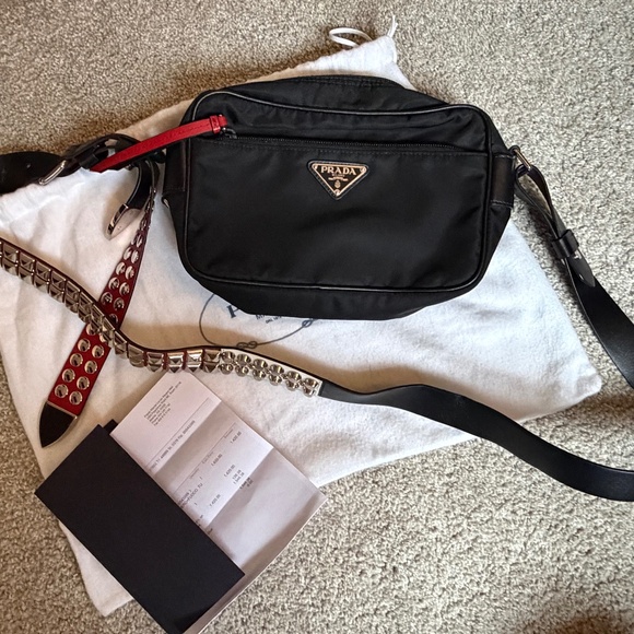 Prada Vela Black Bag w/red leather and silver studded strap - Picture 1 of 7